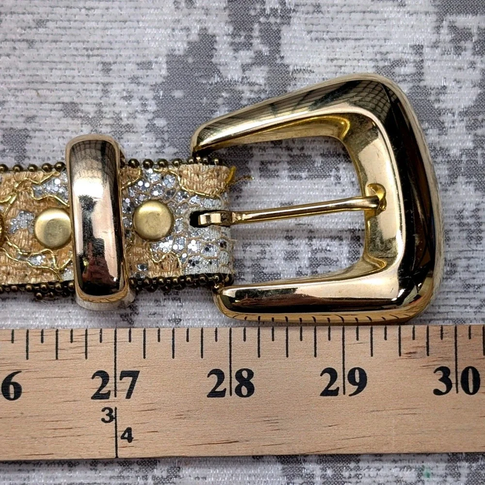 Vintage Gold Lace Silver Glitter Studded Western Boho Belt Gold Buckle 32.5in